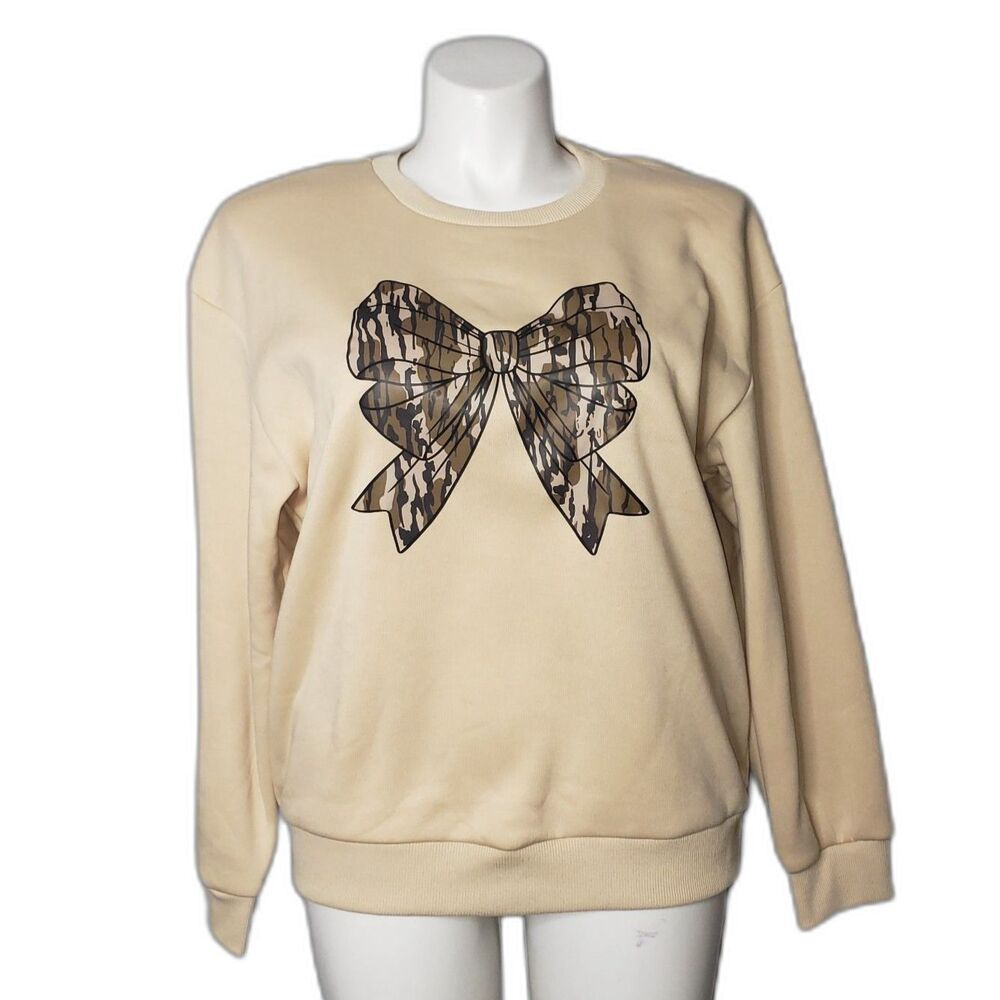 Camo Coquette Bow Sand Tan Crew Neck Cozy Sweatshirt Womens Size XL